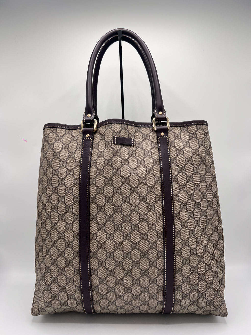 Gucci canvas patterned totebag with brown accents on a light gray background